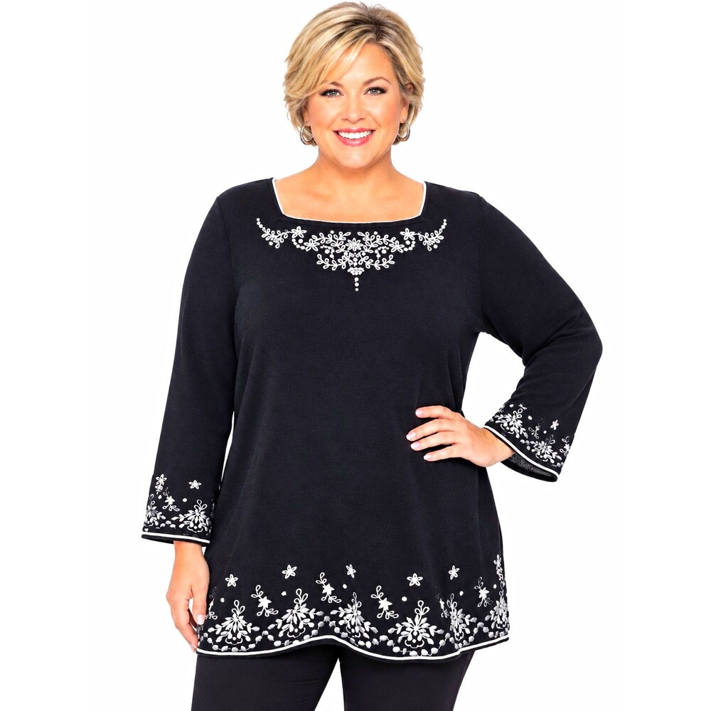 Alfred Dunner Womens Top 2X Black Knit 3/4 Sleeve floral Embroidery Pullover